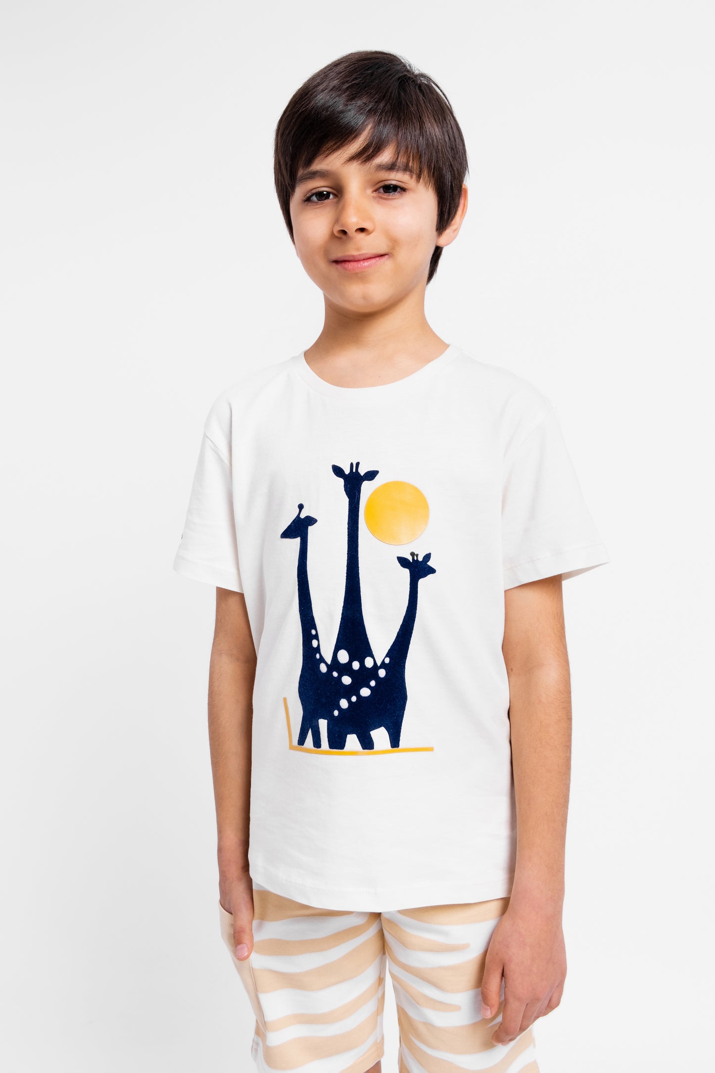 Short Sleeve T-Shirt with (Giraffe Family) Flock Graphic Print - White