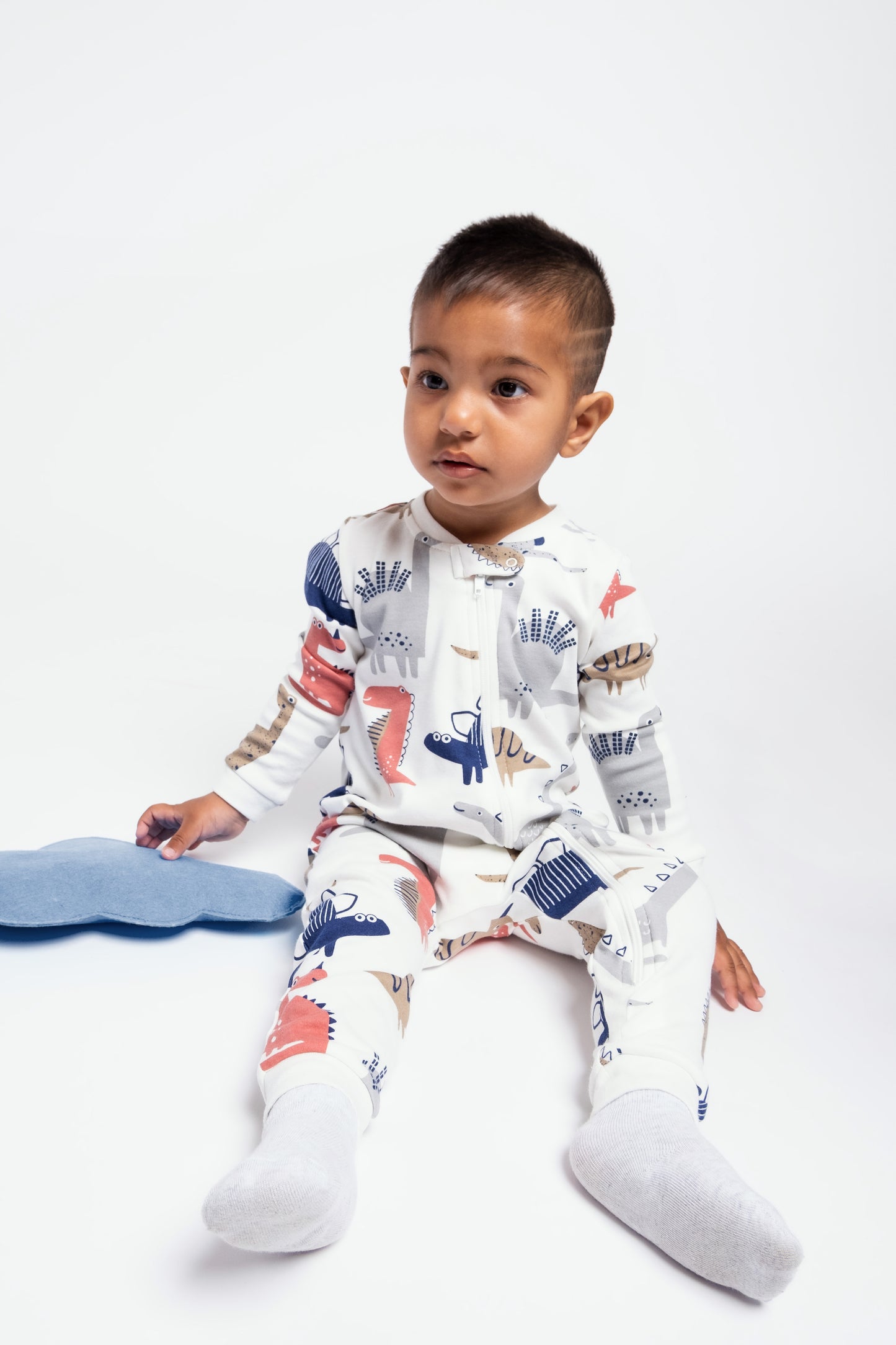 On-the-Go Zipper Jumpsuit with Non-Slip Footies in (Dino Party) Pattern - White