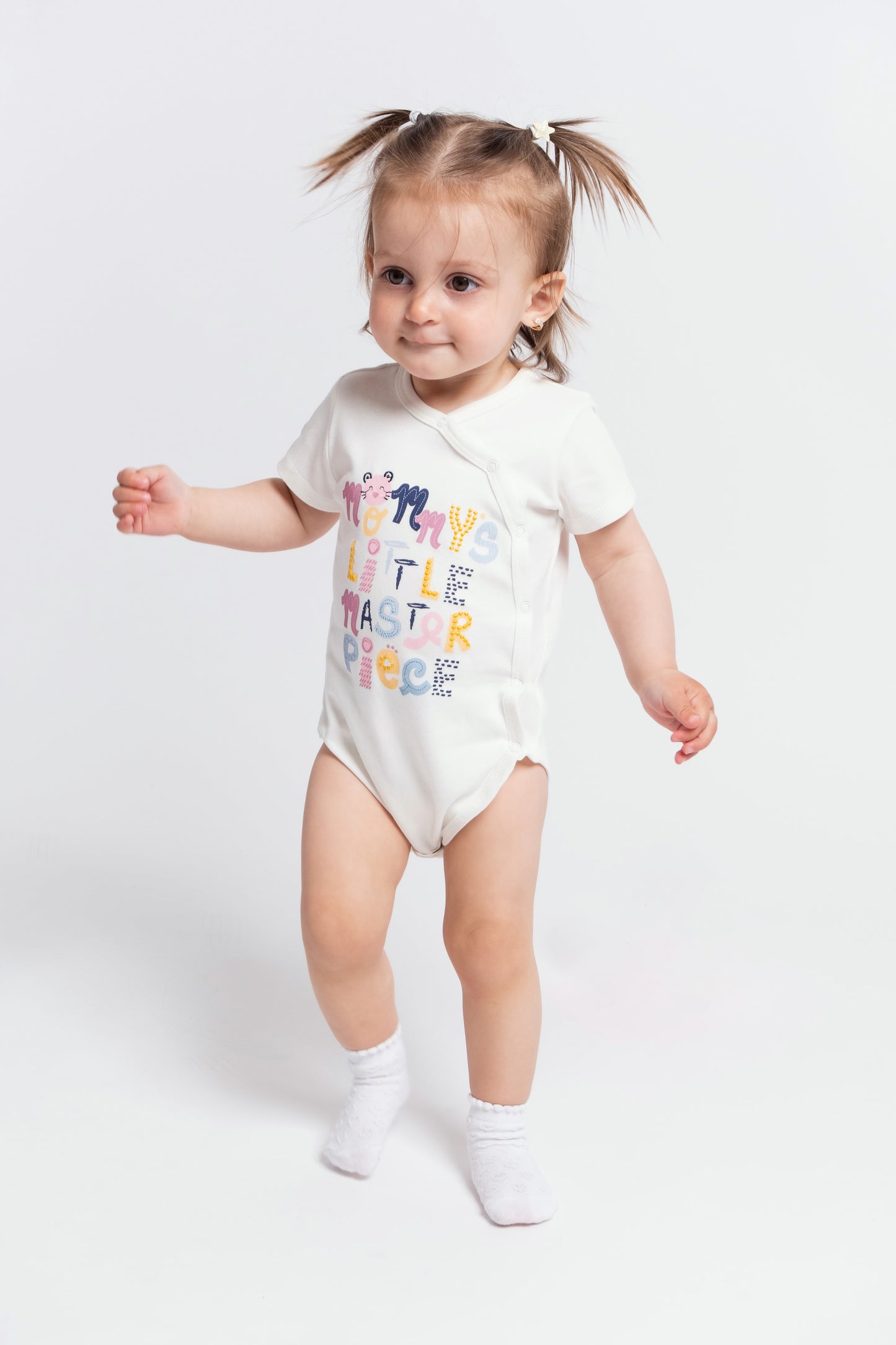 Short Sleeve Wrap Front Bodysuit with (Masterpiece) Phrase Graphic - White