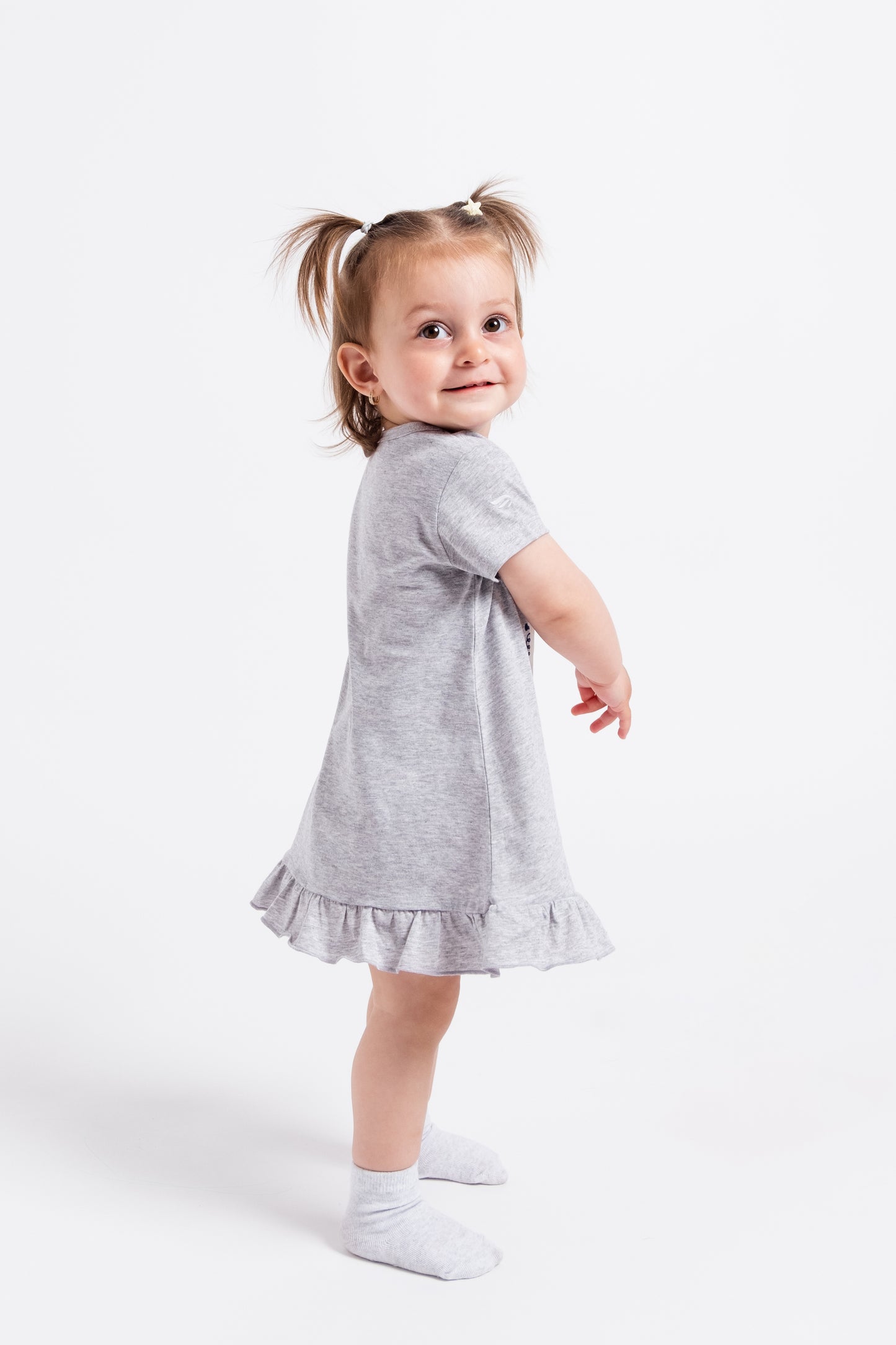 Short Sleeve Flutter Trim Dress with (Baby Kiss) Graphic - Grey