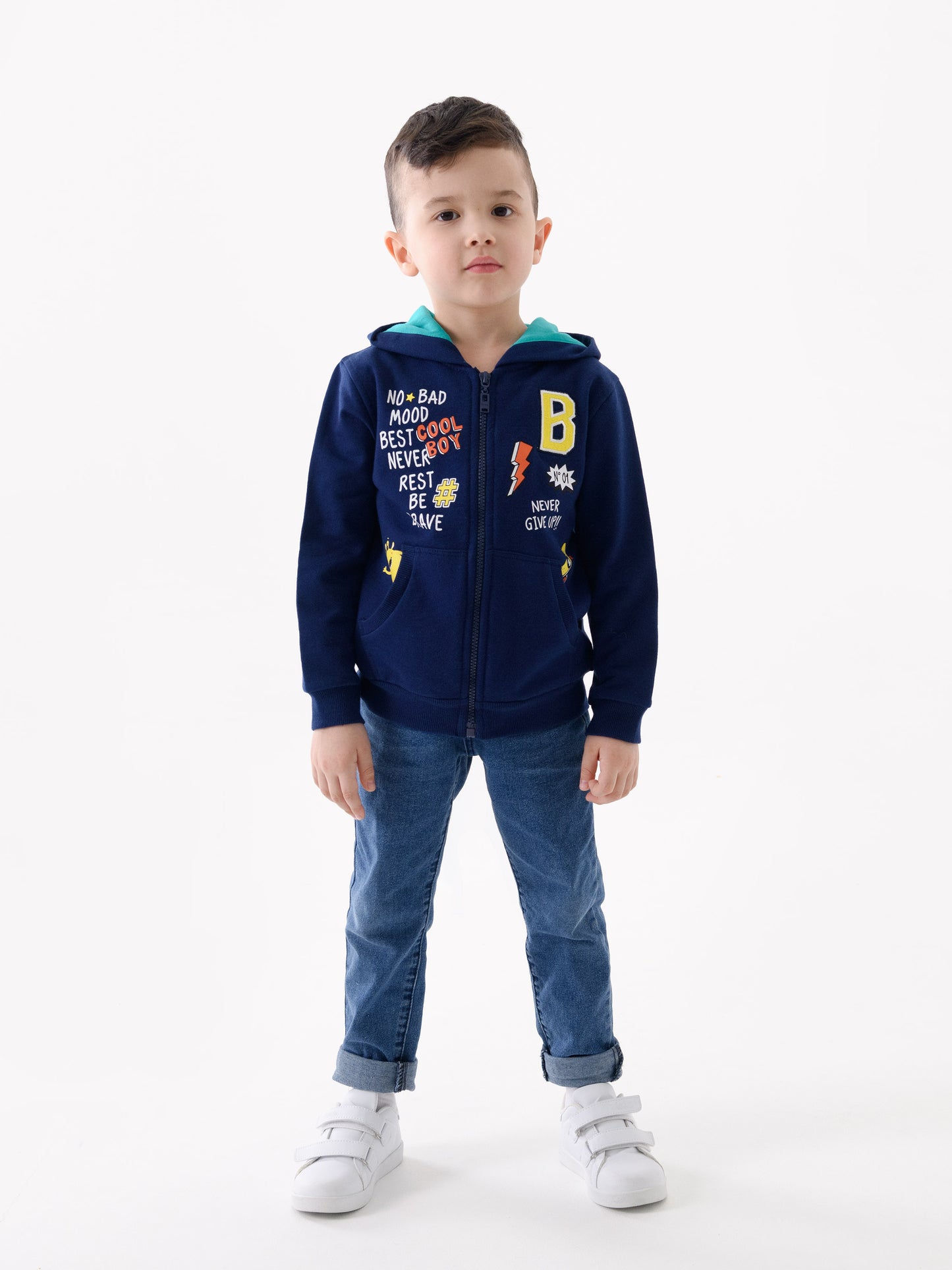 Hoodie Bomber with Brave Boy Graphic - Dark Blue