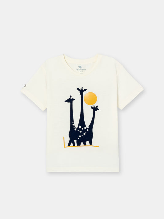 Short Sleeve T-Shirt with (Giraffe Family) Flock Graphic Print - White