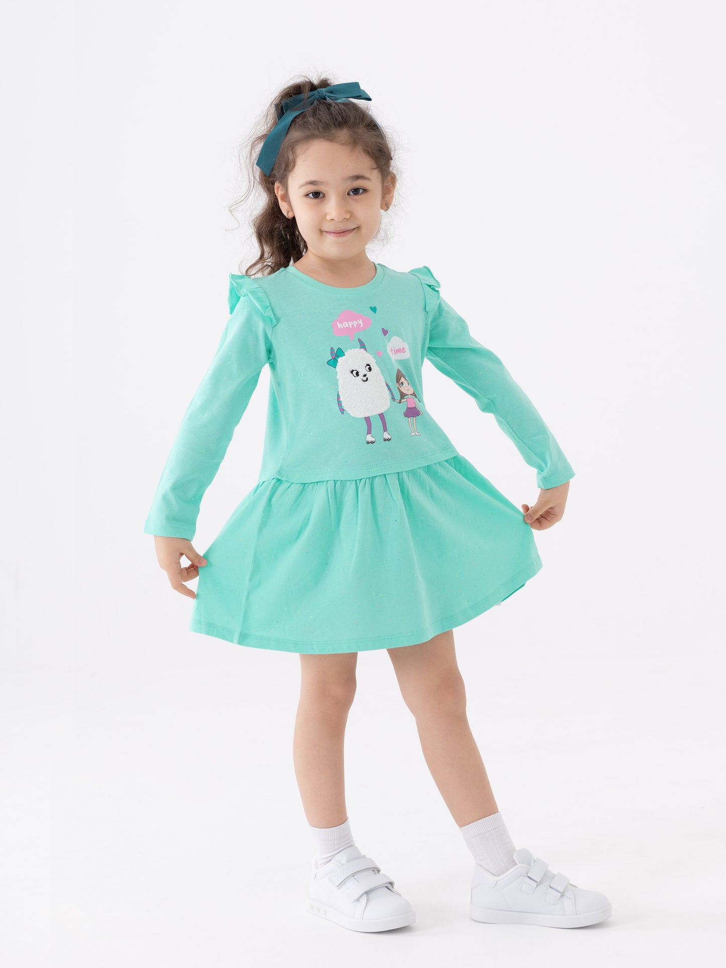 Long Sleeve Dress with Monster Friends Graphic - Atlantis