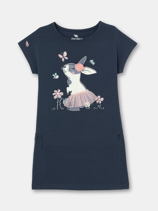 Cherubino "A-Line Charm" Bunny Print Dress for Girls in Dark Grey