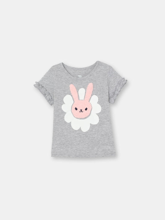 Short Ruffle Sleeve T-Shirt with (Floral Bunny) Chenille Patch Graphic - Grey