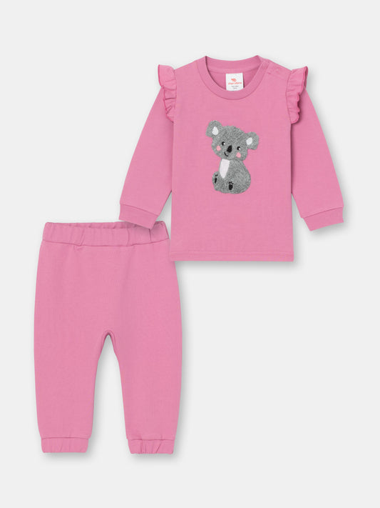 Two Piece Chenille (Koala) Embroidery Flutter Sweatshirt & Jogger Set - Raspberry